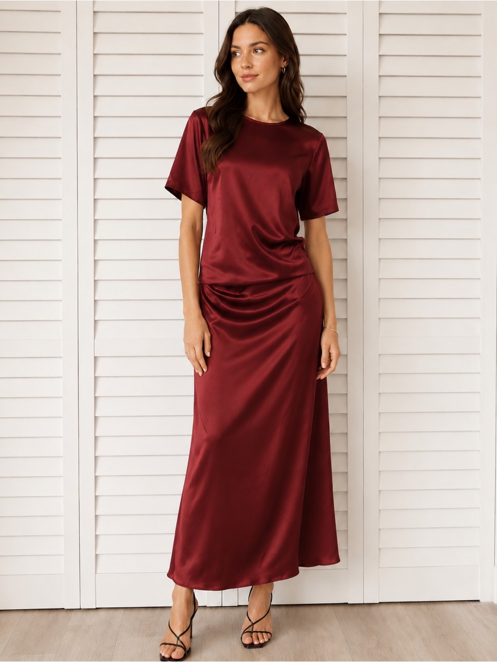 O.P.T NWT Nessa Satin Burgundy Maxi Dress with Short Sleeves and side ruching.